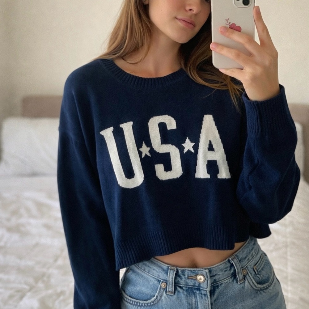 Navy Blue USA America patriotic Cozy Knit Sweater Size XL